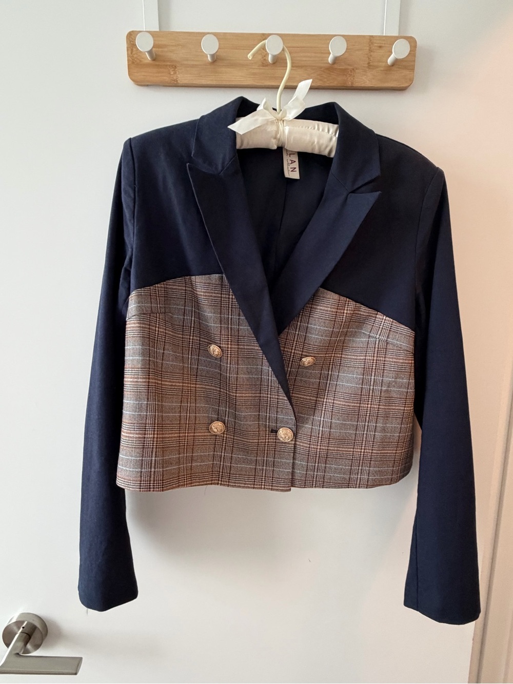 dolan Navy and Brown Plaid Cropped Double-Breasted Blazer
